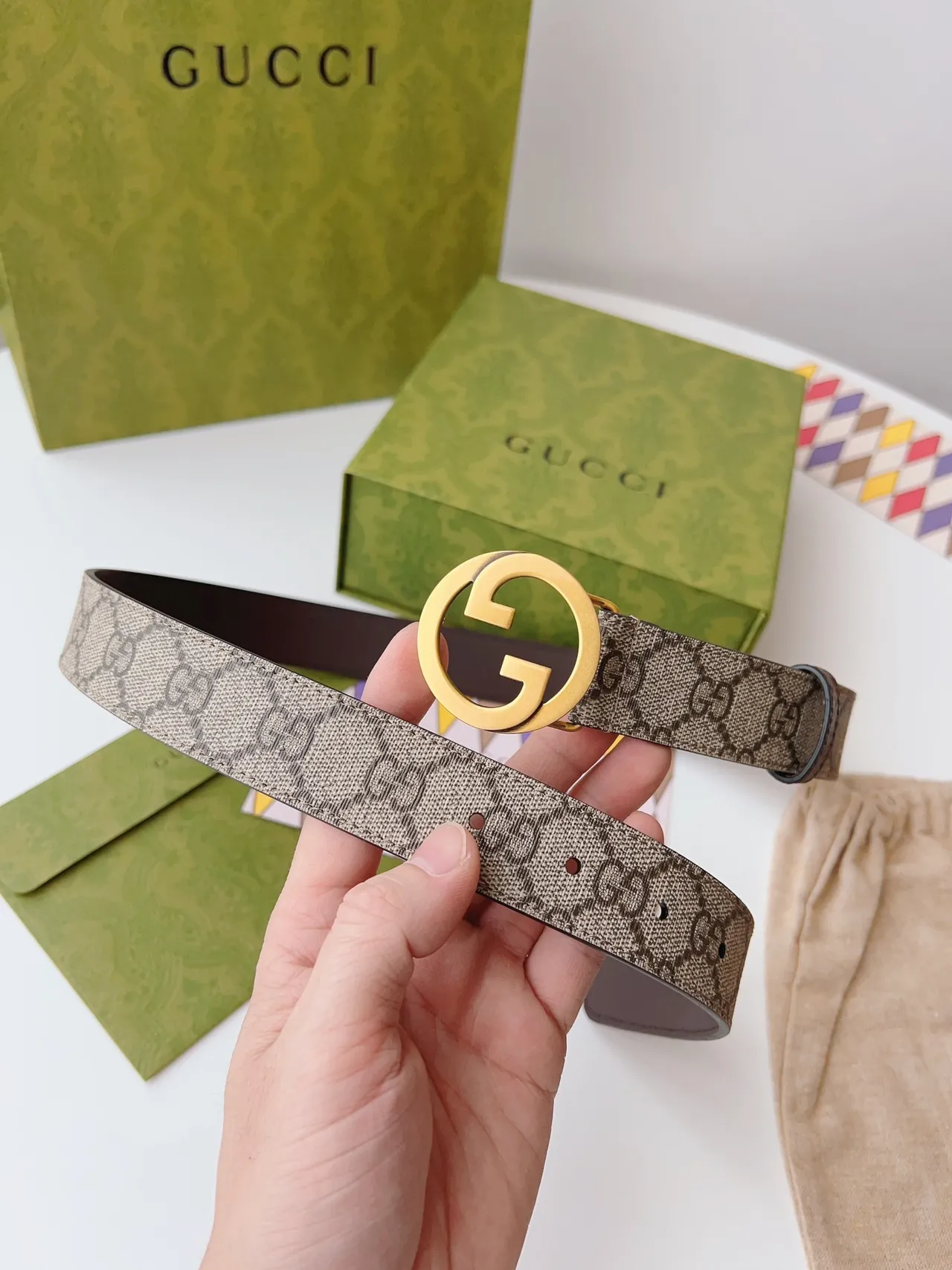 Gucci Ophidia Interlocking G Ceinture Marron et Beige en Cuir 5