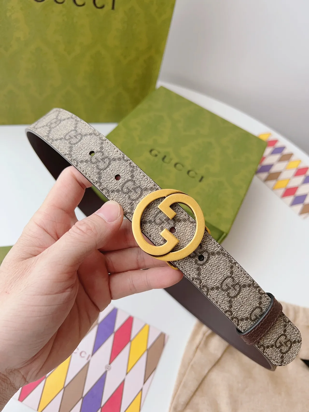 Gucci Ophidia Interlocking G Ceinture Marron et Beige en Cuir 8