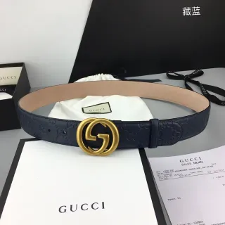 Ceinture en cuir Gucci Ophidia Bleu marine Embossée en or GG Monogram Boucle Interlocking G
