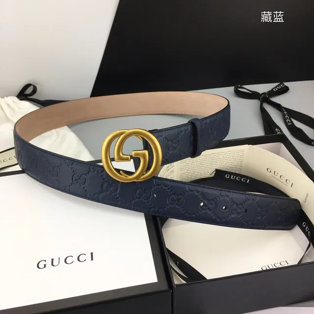 Gucci Ophidia Navy Gold Embossed GG Monogram Interlocking G Buckle Leather Belt 2