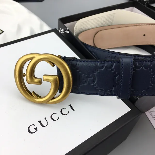 Gucci Ophidia Navy Gold Embossed GG Monogram Interlocking G Buckle Leather Belt 3