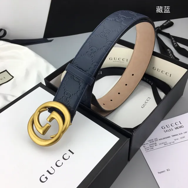 Gucci Ophidia Navy Gold Embossed GG Monogram Interlocking G Buckle Leather Belt 4
