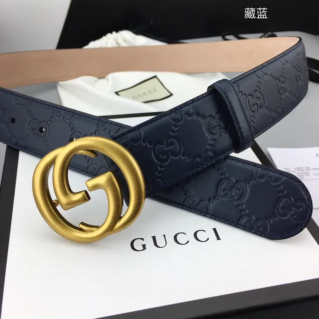 Gucci Ophidia Navy Gold Embossed GG Monogram Interlocking G Buckle Leather Belt 5
