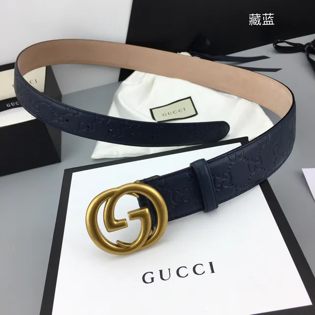 Gucci Ophidia Navy Gold Embossed GG Monogram Interlocking G Buckle Leather Belt 6