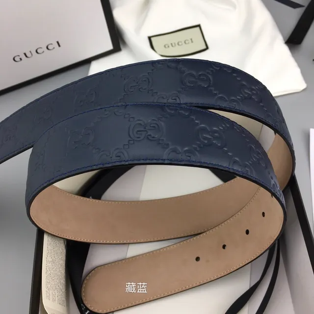 Gucci Ophidia Navy Gold Embossed GG Monogram Interlocking G Buckle Leather Belt 7