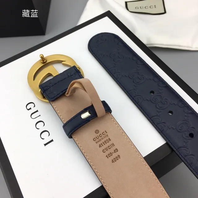 Gucci Ophidia Navy Gold Embossed GG Monogram Interlocking G Buckle Leather Belt 8