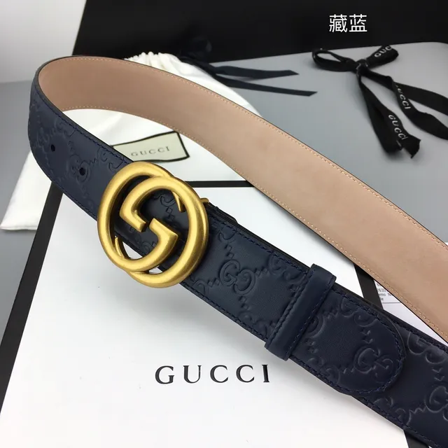 Gucci Ophidia Navy Gold Embossed GG Monogram Interlocking G Buckle Leather Belt 9