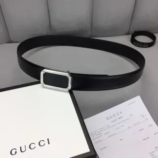 Gucci 矩形扣黑色银色皮革腰带