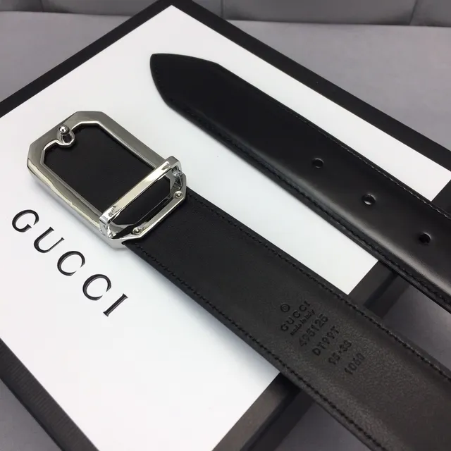 Gucci Rectangular Buckle Belt Black Silver Leather Belt 8