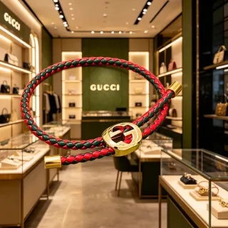 Gucci 红色绿色 编织皮革 interlocking G 扣手链