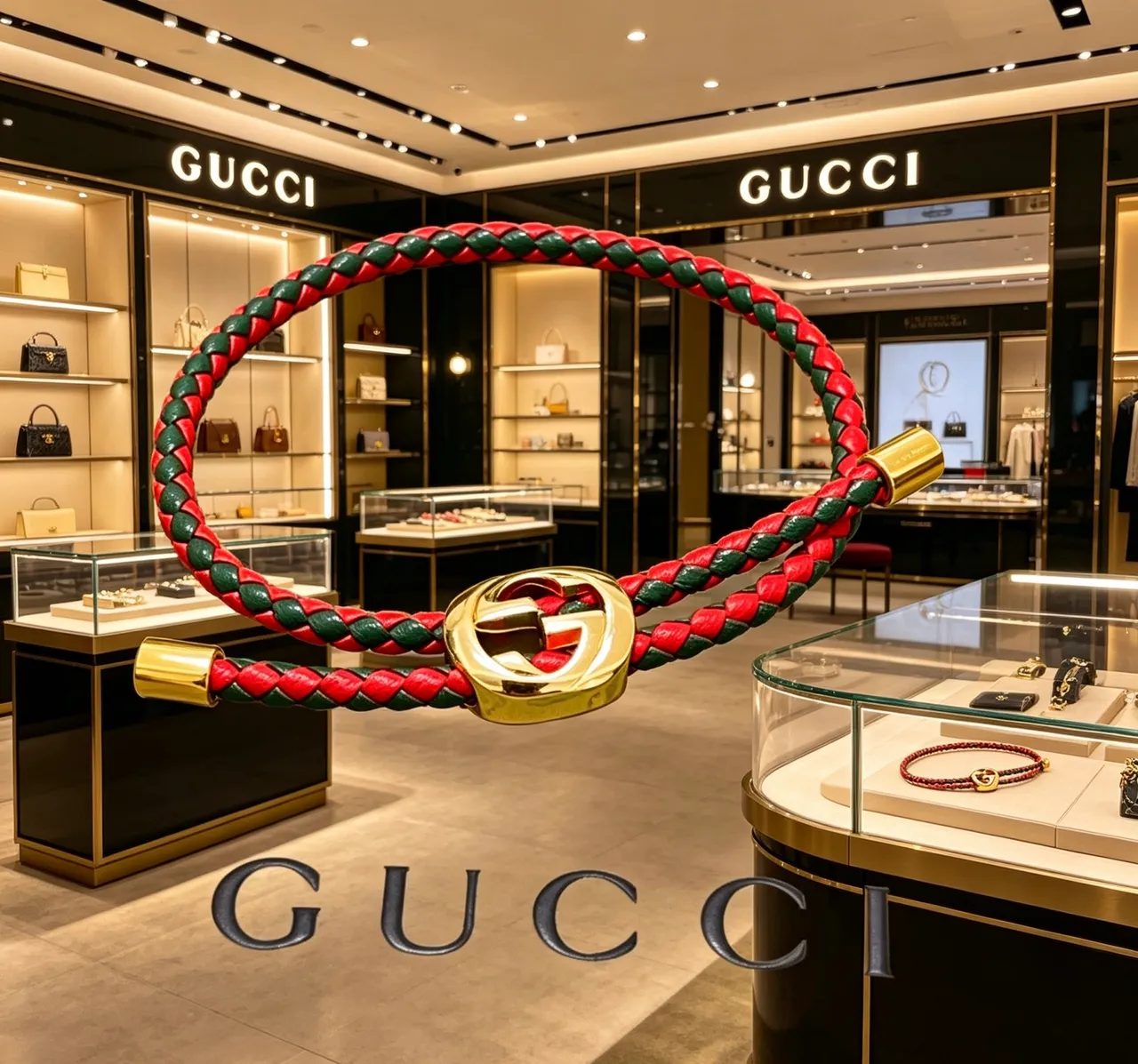Gucci Red Green Braided Leather Interlocking G Clasp Bracelet 4