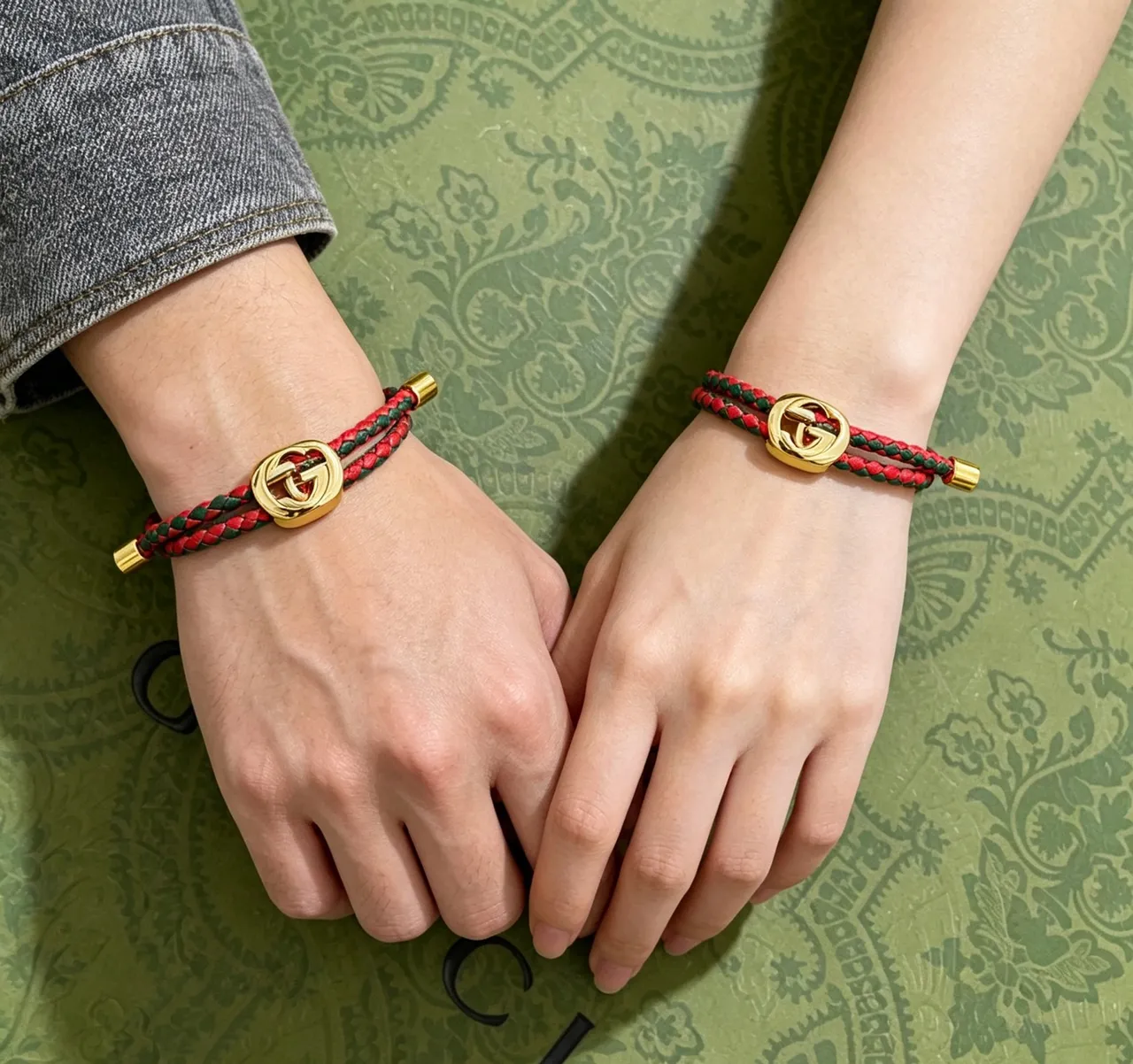 Gucci Red Green Braided Leather Interlocking G Clasp Bracelet 5