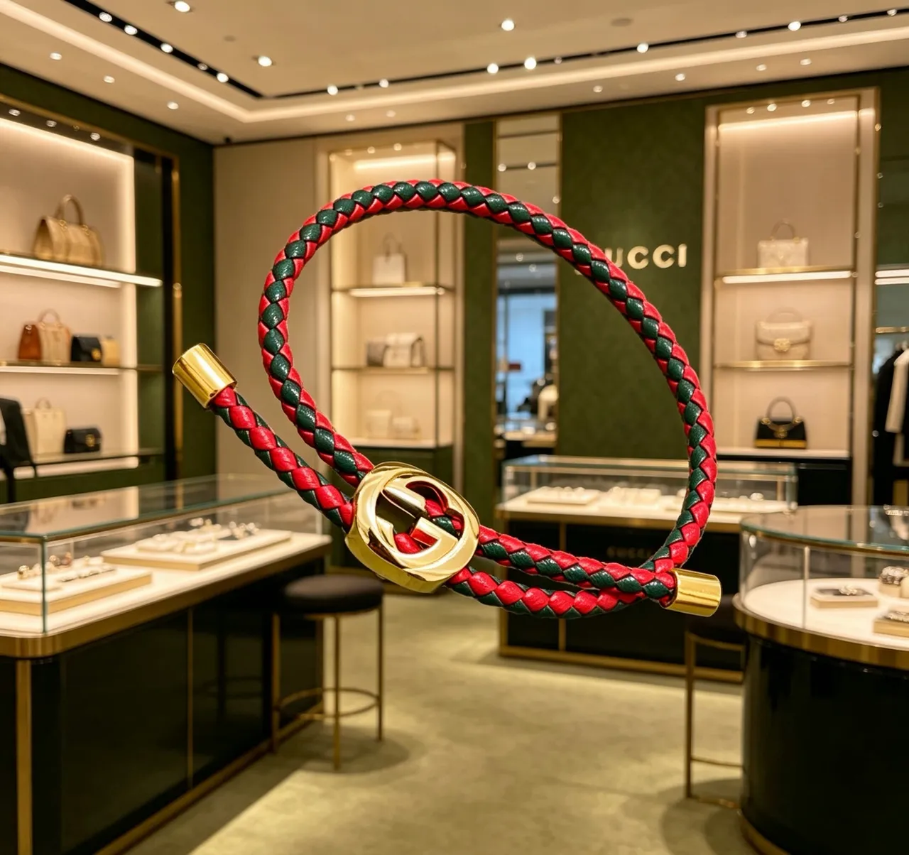 Gucci Red Green Braided Leather Interlocking G Clasp Bracelet 6