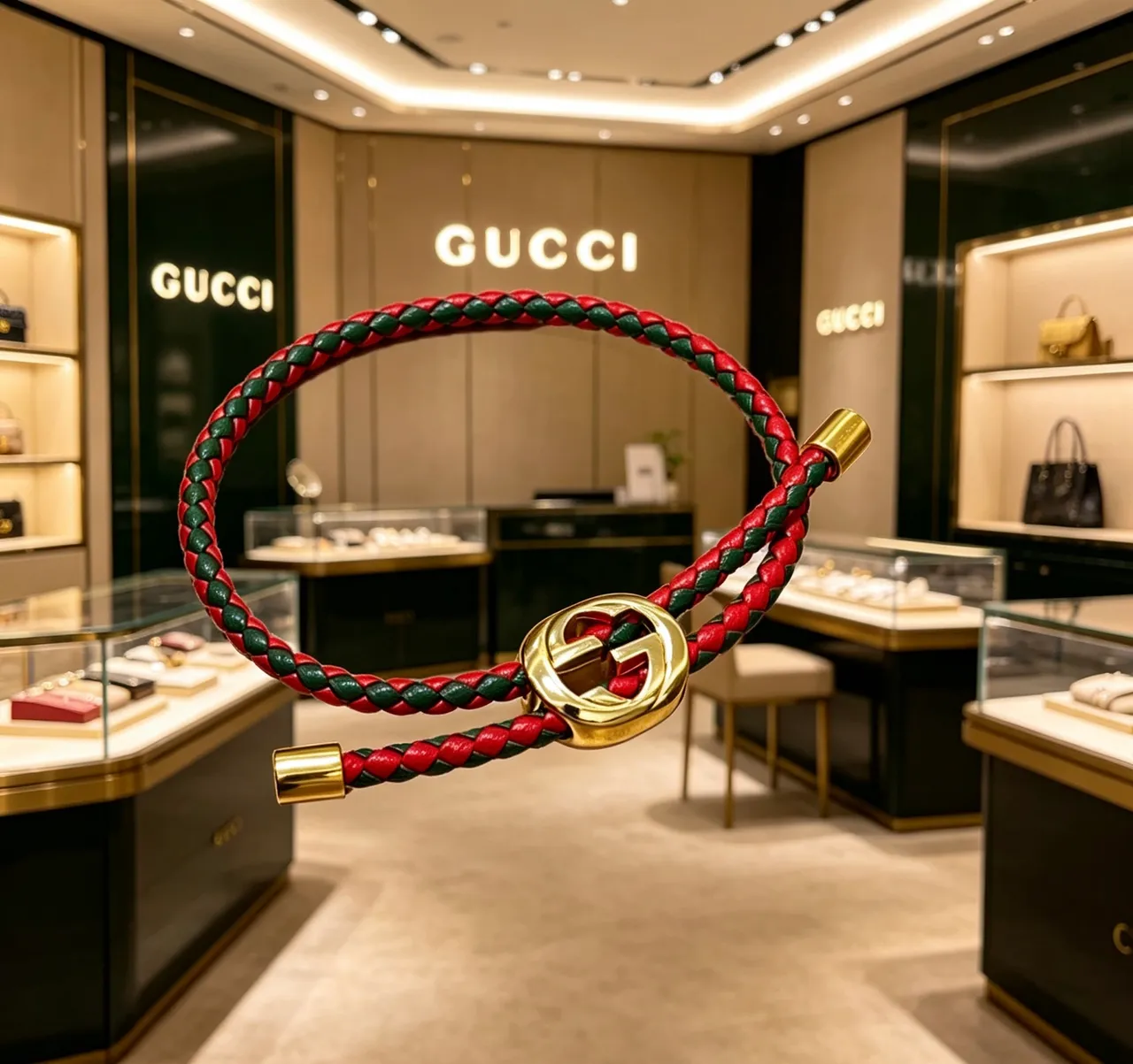 Gucci Red Green Braided Leather Interlocking G Clasp Bracelet 7