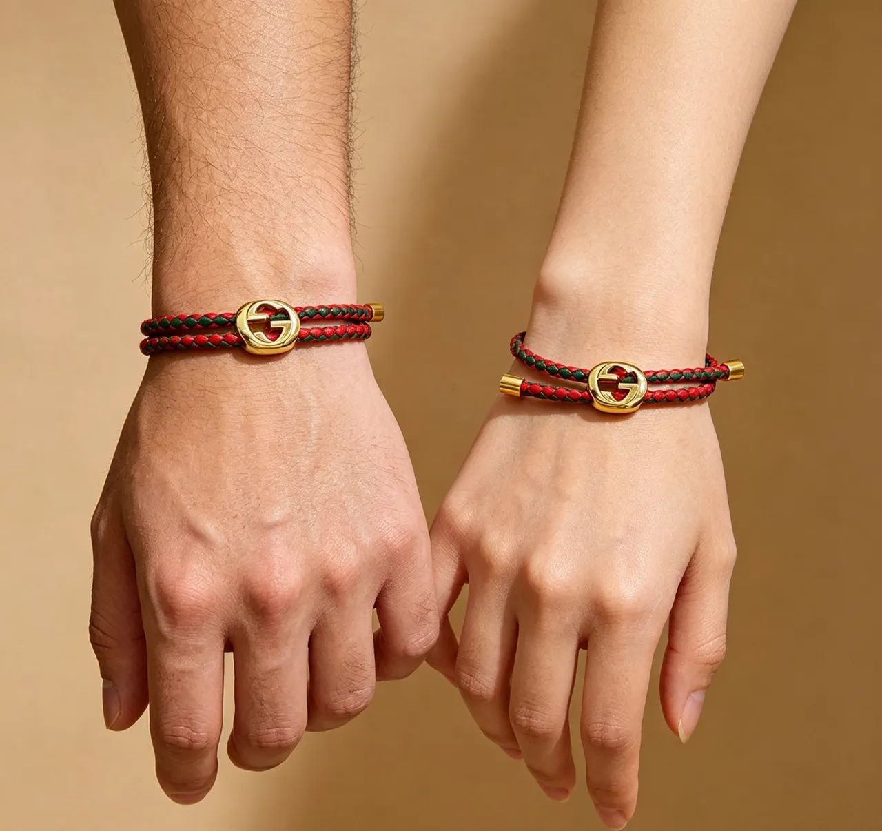 Gucci Red Green Braided Leather Interlocking G Clasp Bracelet 8