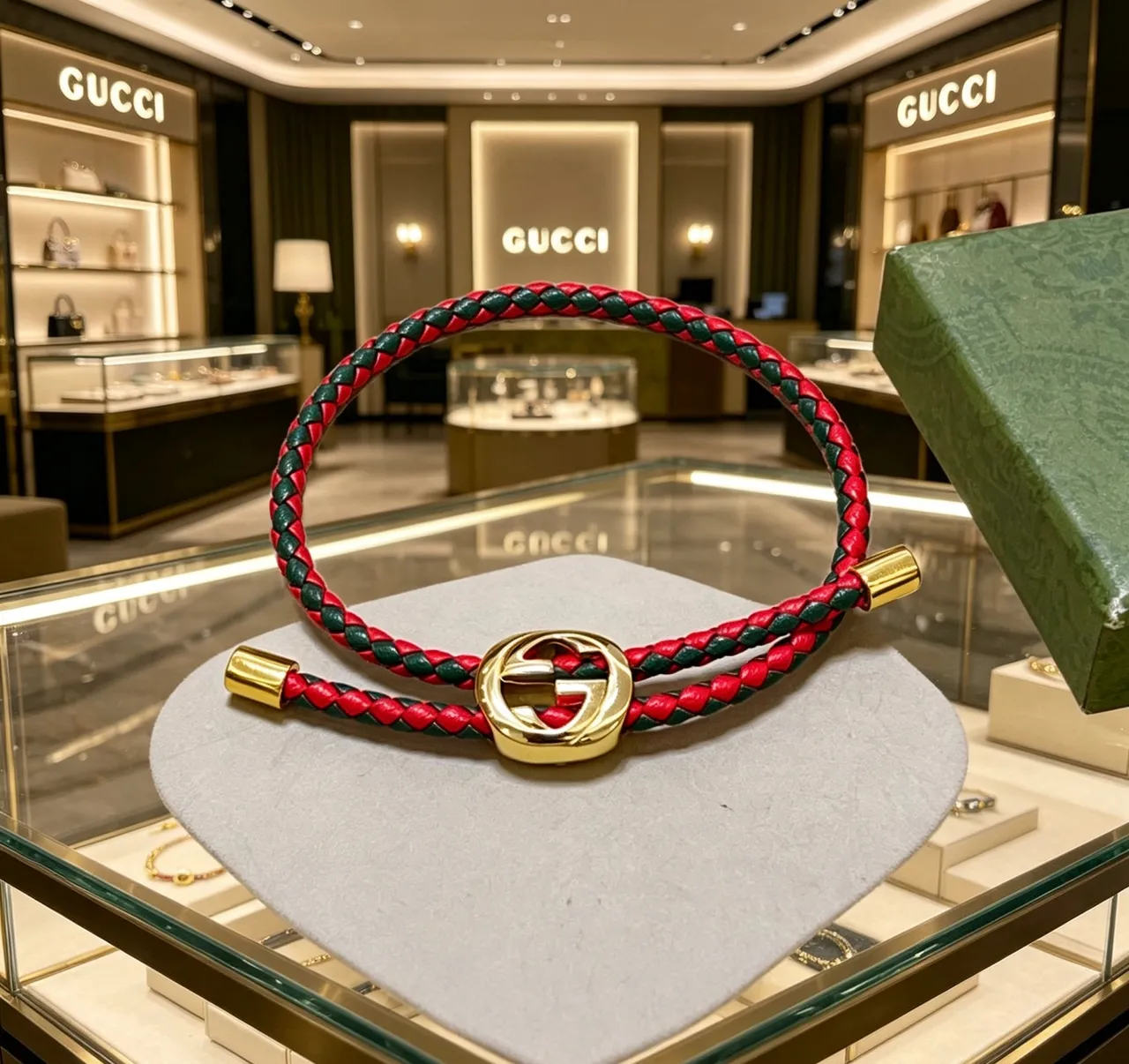 Gucci Red Green Braided Leather Interlocking G Clasp Bracelet 9