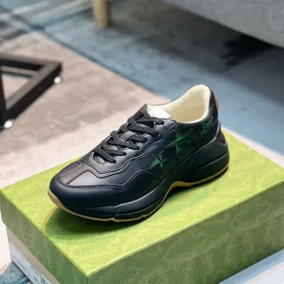 Gucci Rhyton Black Leather Green Star Embroidery Chunky Sneakers
