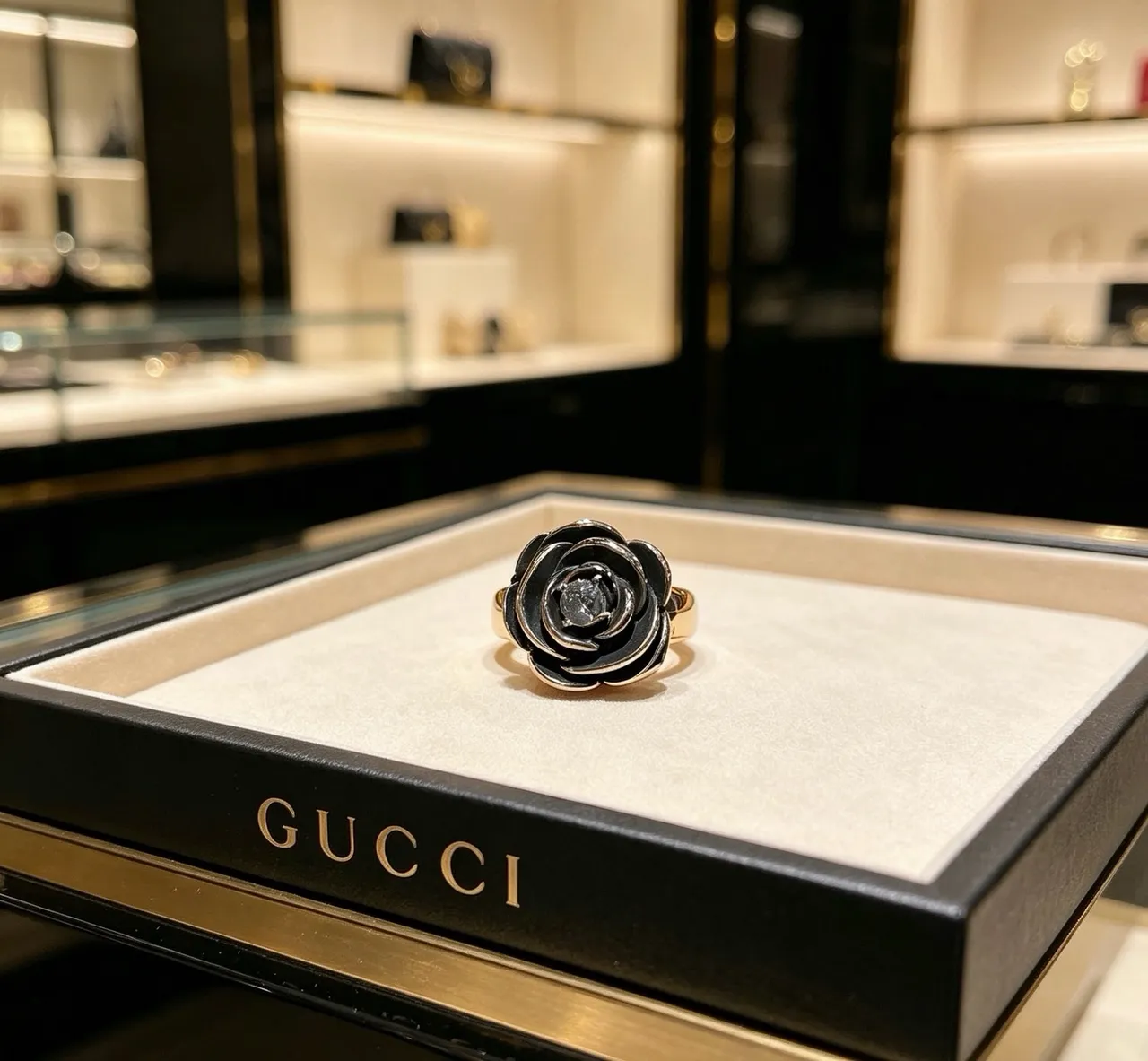 Gucci गुलाब मोटिफ काला एनामेल और क्रिस्टल रिंग 5
