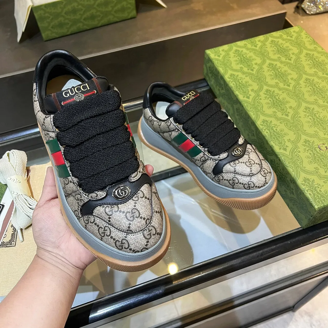 Gucci Screener Bege Monograma Canvas Verde Vermelho Web Plataforma Lifestyle Sneakers 5
