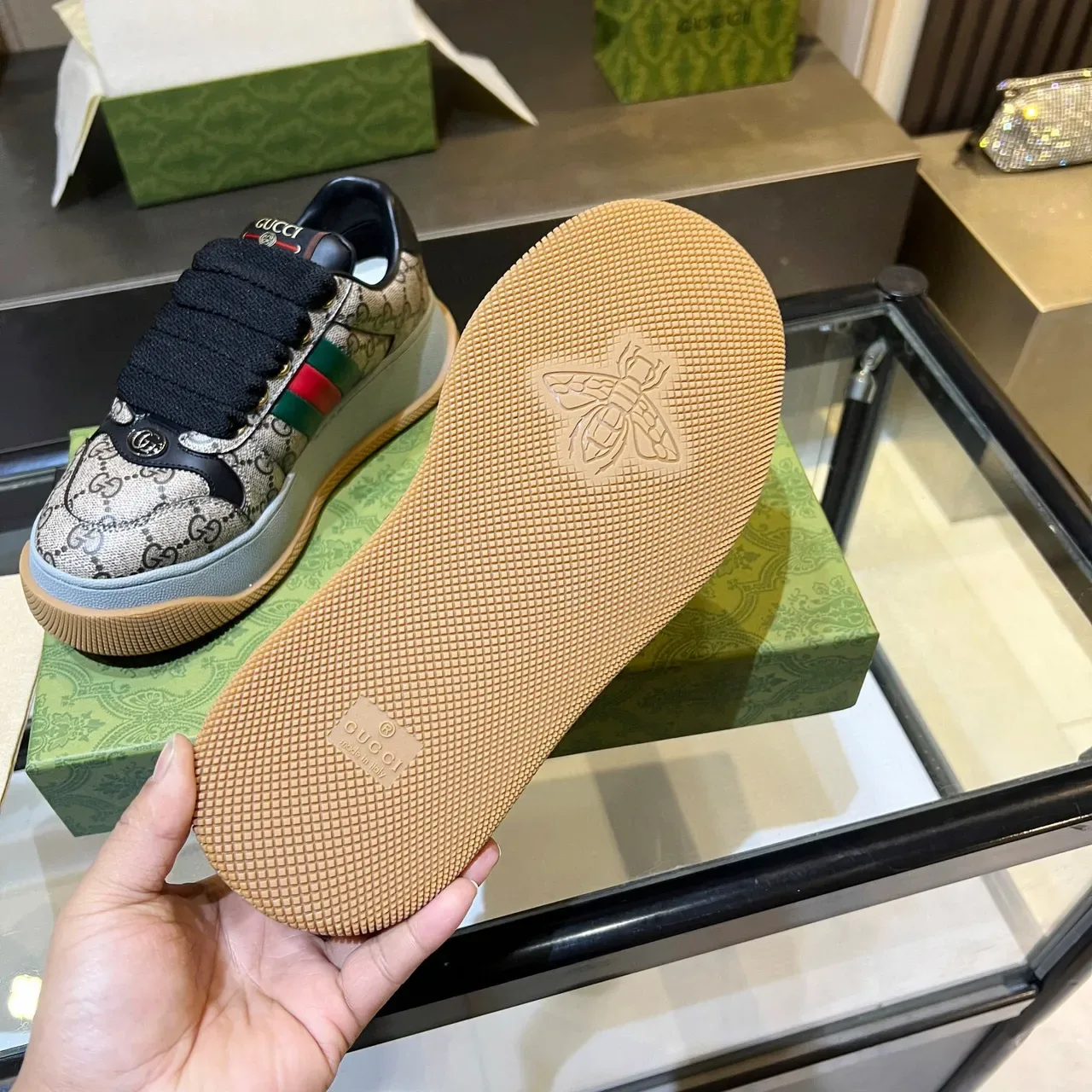 Gucci Screener Bege Monograma Canvas Verde Vermelho Web Plataforma Lifestyle Sneakers 8