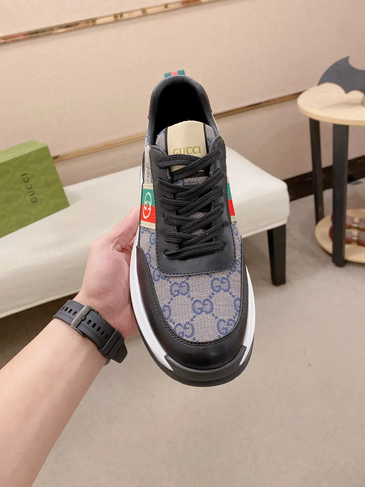 Gucci Screener GG Monogram Tela e couro Preto Vermelho Verde Web Lifestyle Sneakers 2