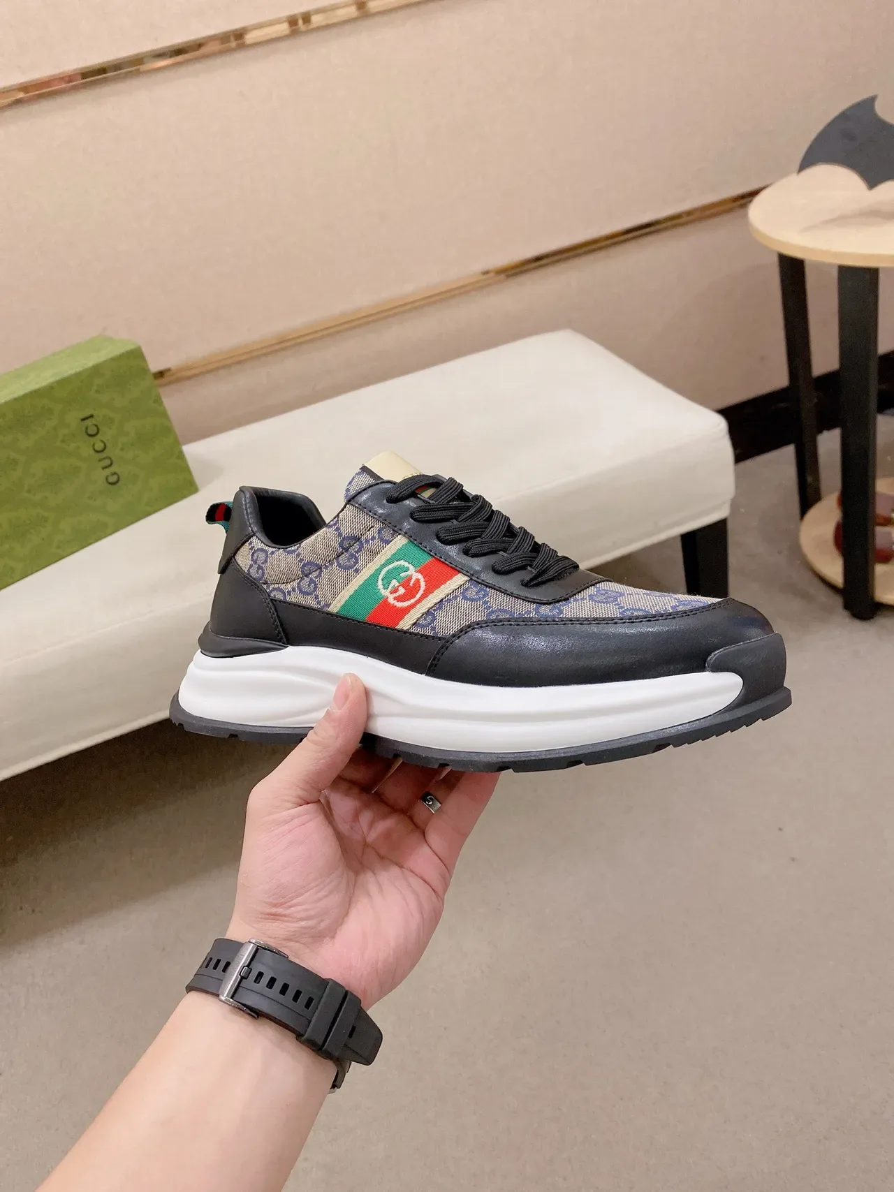 Gucci Screener GG Monogram Tela e couro Preto Vermelho Verde Web Lifestyle Sneakers 4