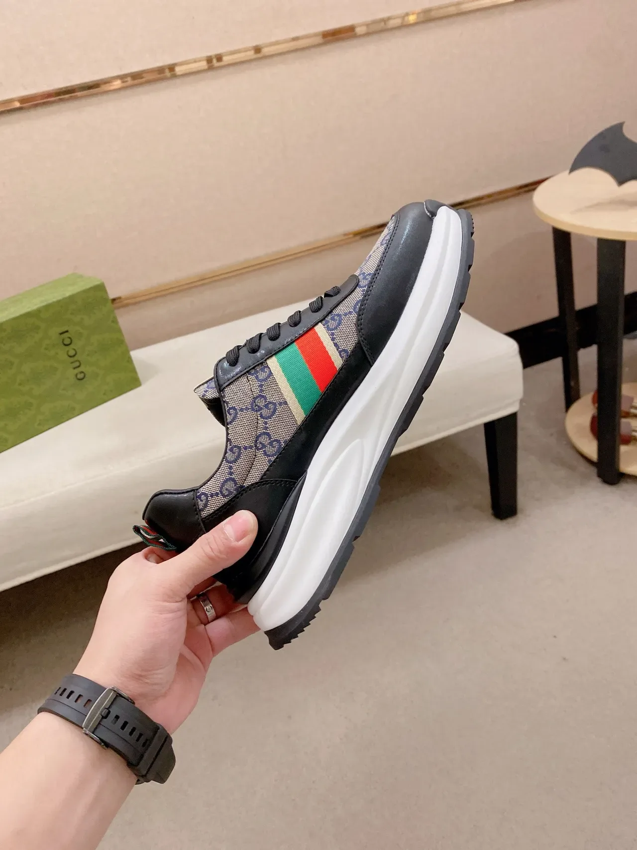 Gucci Screener GG Monogram Tela e couro Preto Vermelho Verde Web Lifestyle Sneakers 5