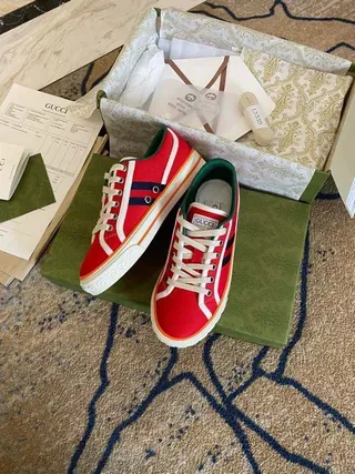 Gucci Screener Sneakers Lifestyle avec tige en toile rouge et verte rayures navy doubles 7