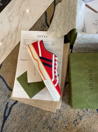 Gucci Screener Sneakers Lifestyle avec tige en toile rouge et verte rayures navy doubles 9