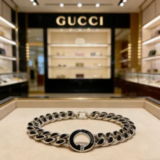 Gucci سوار فضي أسود سلسلة كيرب لينك نقشات إيمل