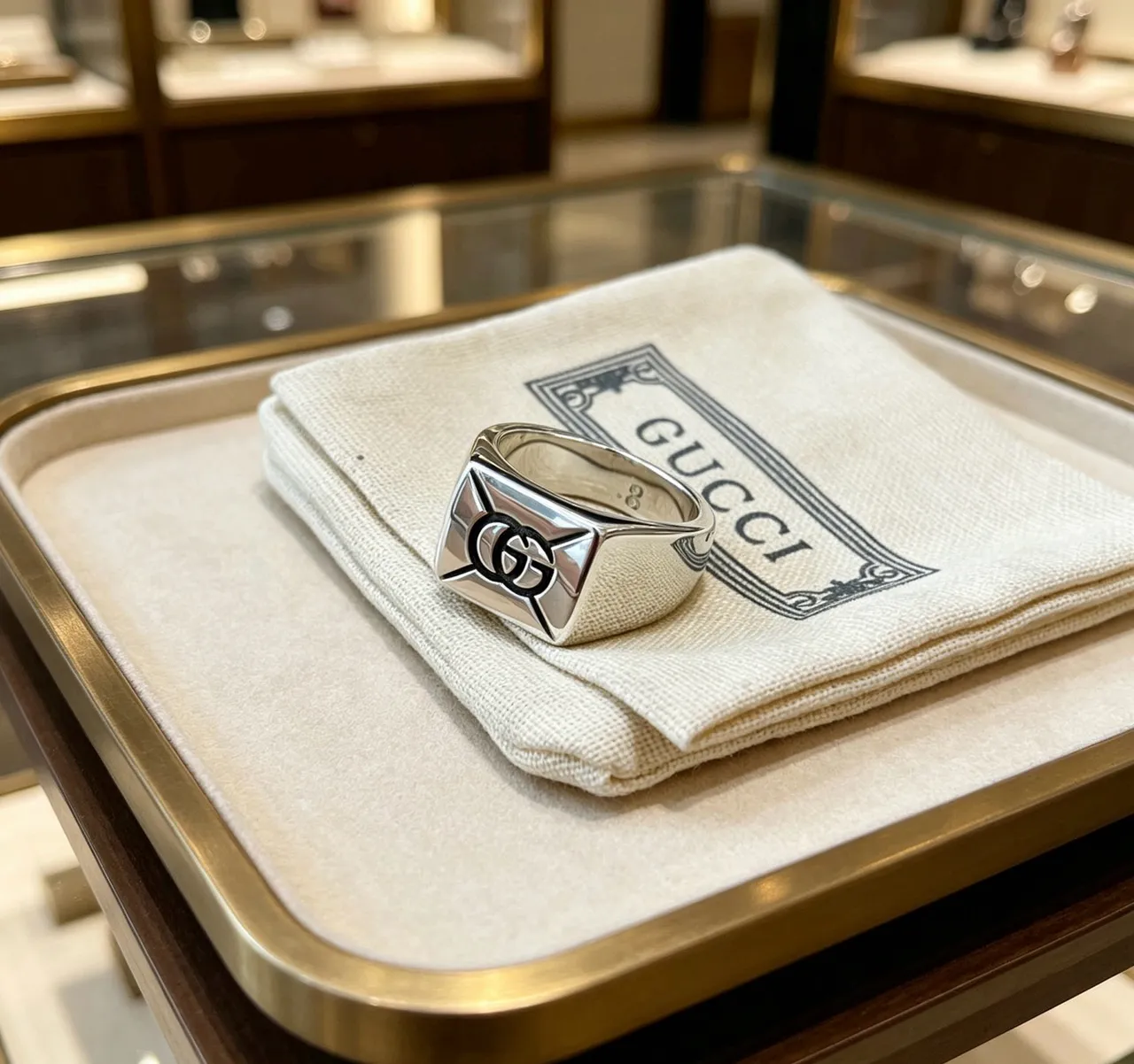 Gucci Anillo Signet Negro Plata Cuadrado Pulido 7