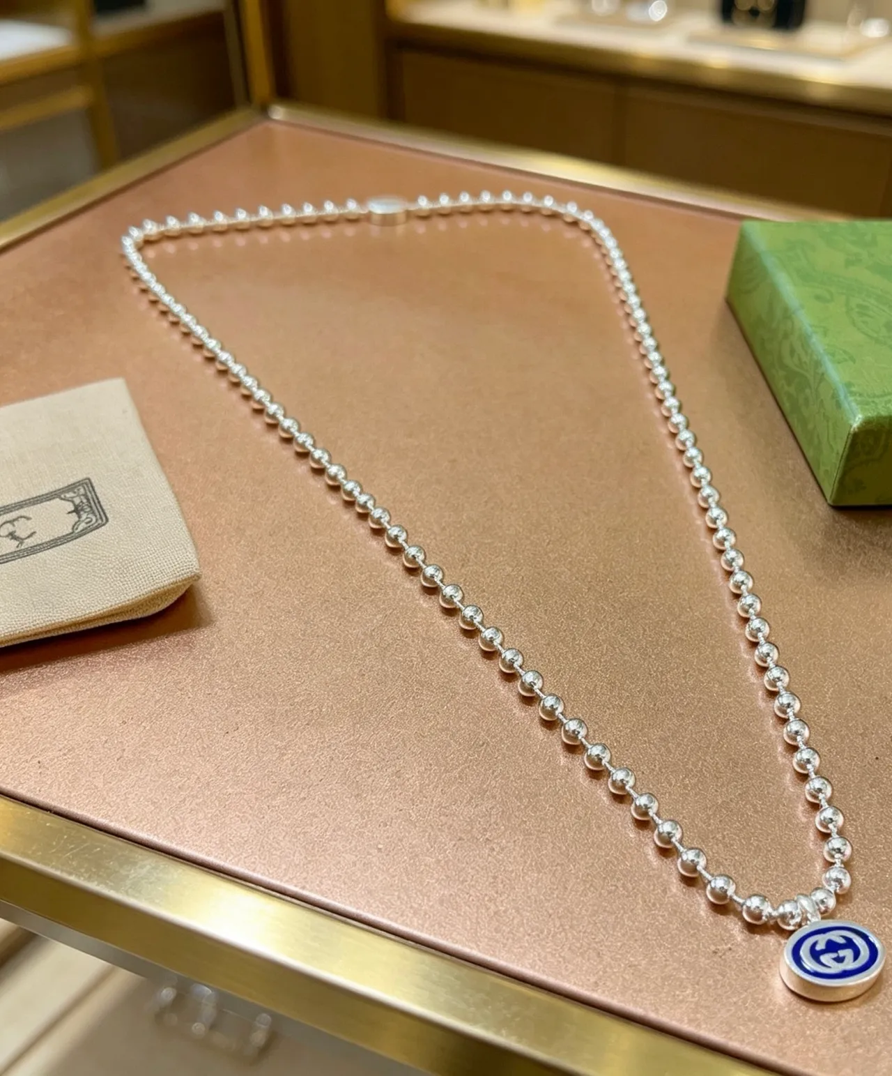 Gucci Silver Blue Ball-Bead Chain Dual Pendant Design Necklace 2