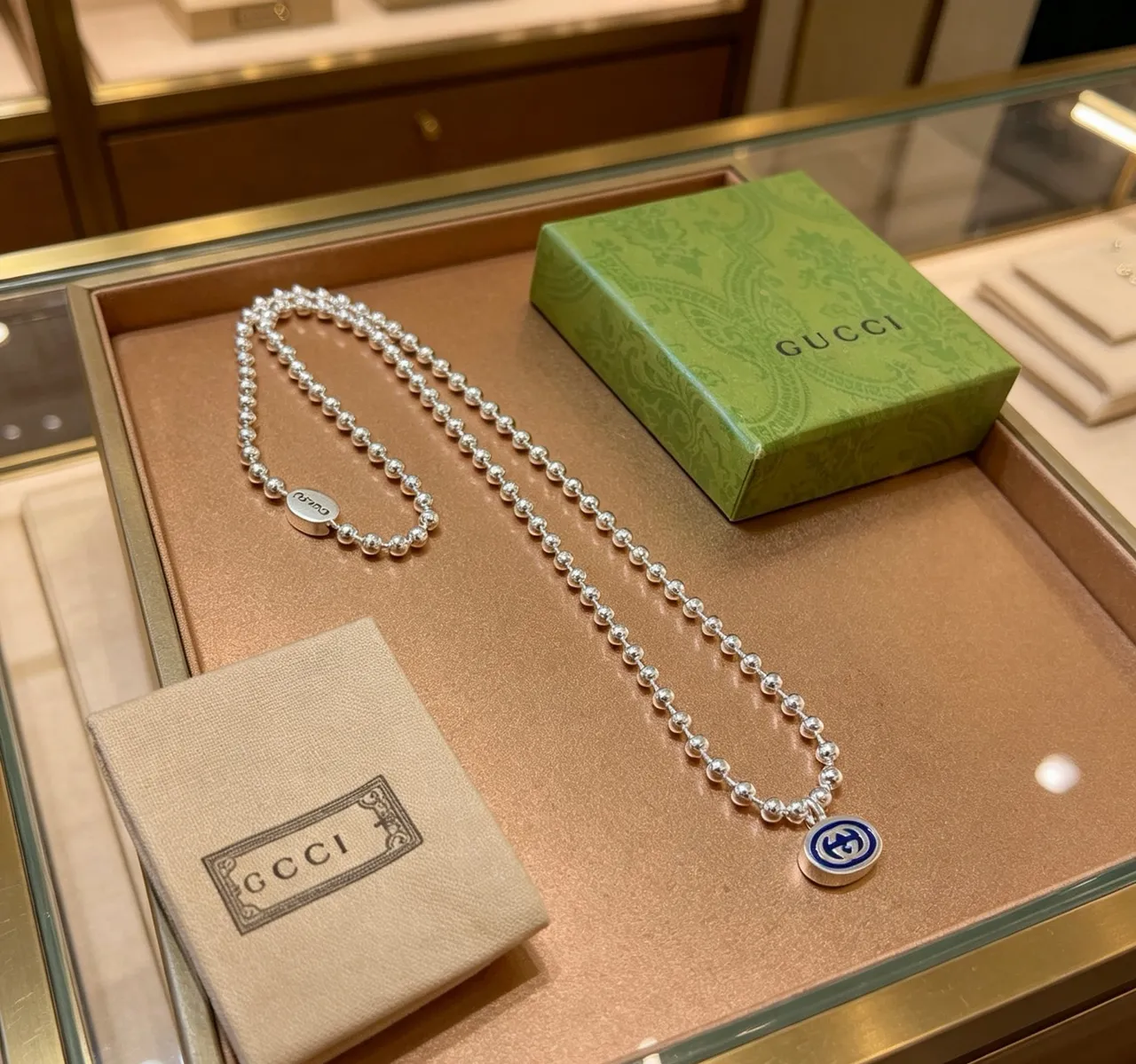 Gucci Silver Blue Ball-Bead Chain Dual Pendant Design Necklace 3