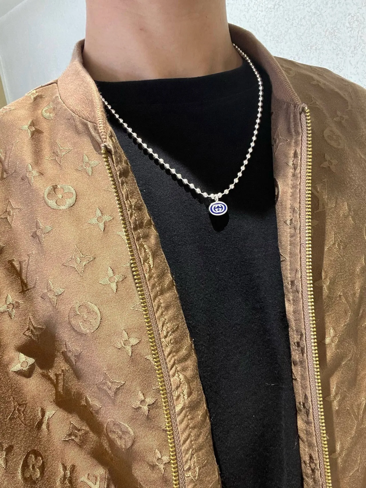 Gucci Silver Blue Ball-Bead Chain Dual Pendant Design Necklace 4