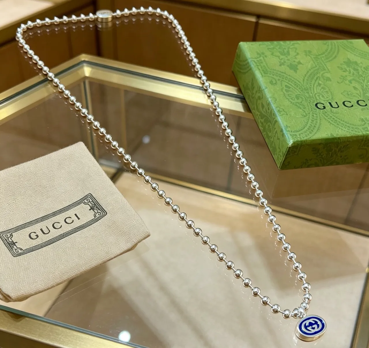 Gucci Silver Blue Ball-Bead Chain Dual Pendant Design Necklace 5