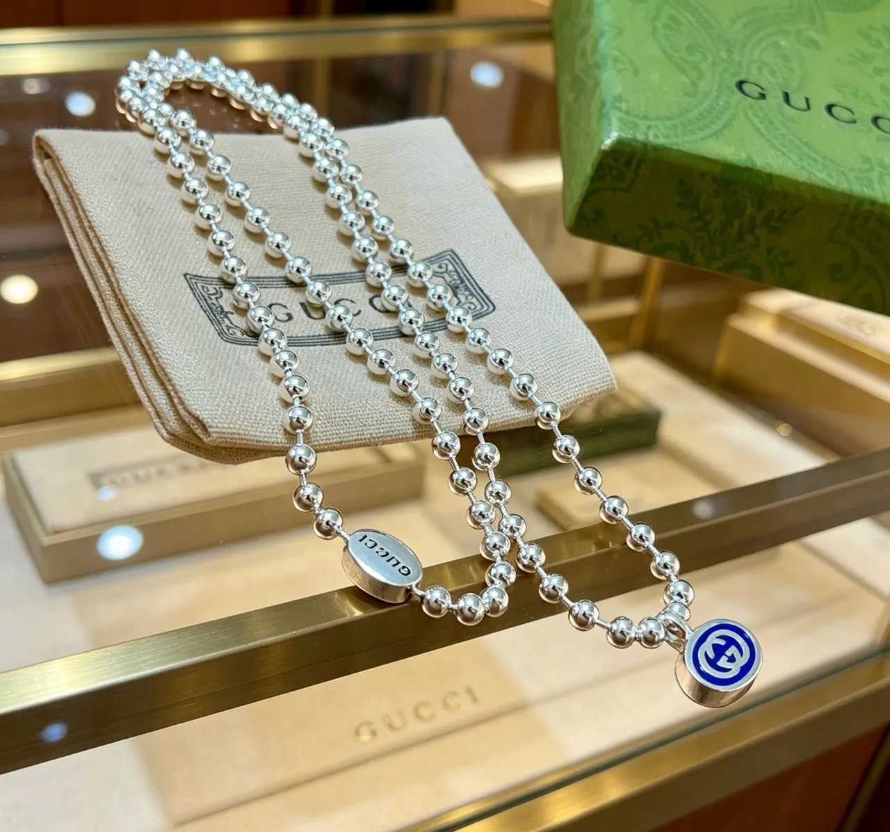 Gucci Silver Blue Ball-Bead Chain Dual Pendant Design Necklace 6