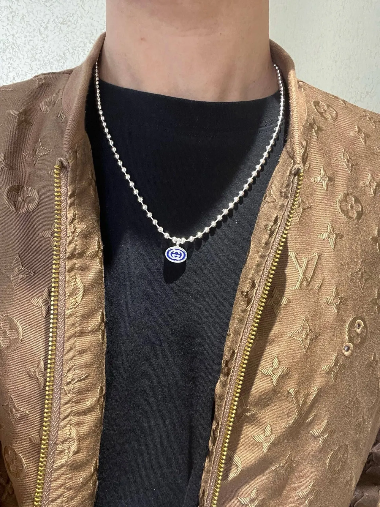 Gucci Silver Blue Ball-Bead Chain Dual Pendant Design Necklace 7