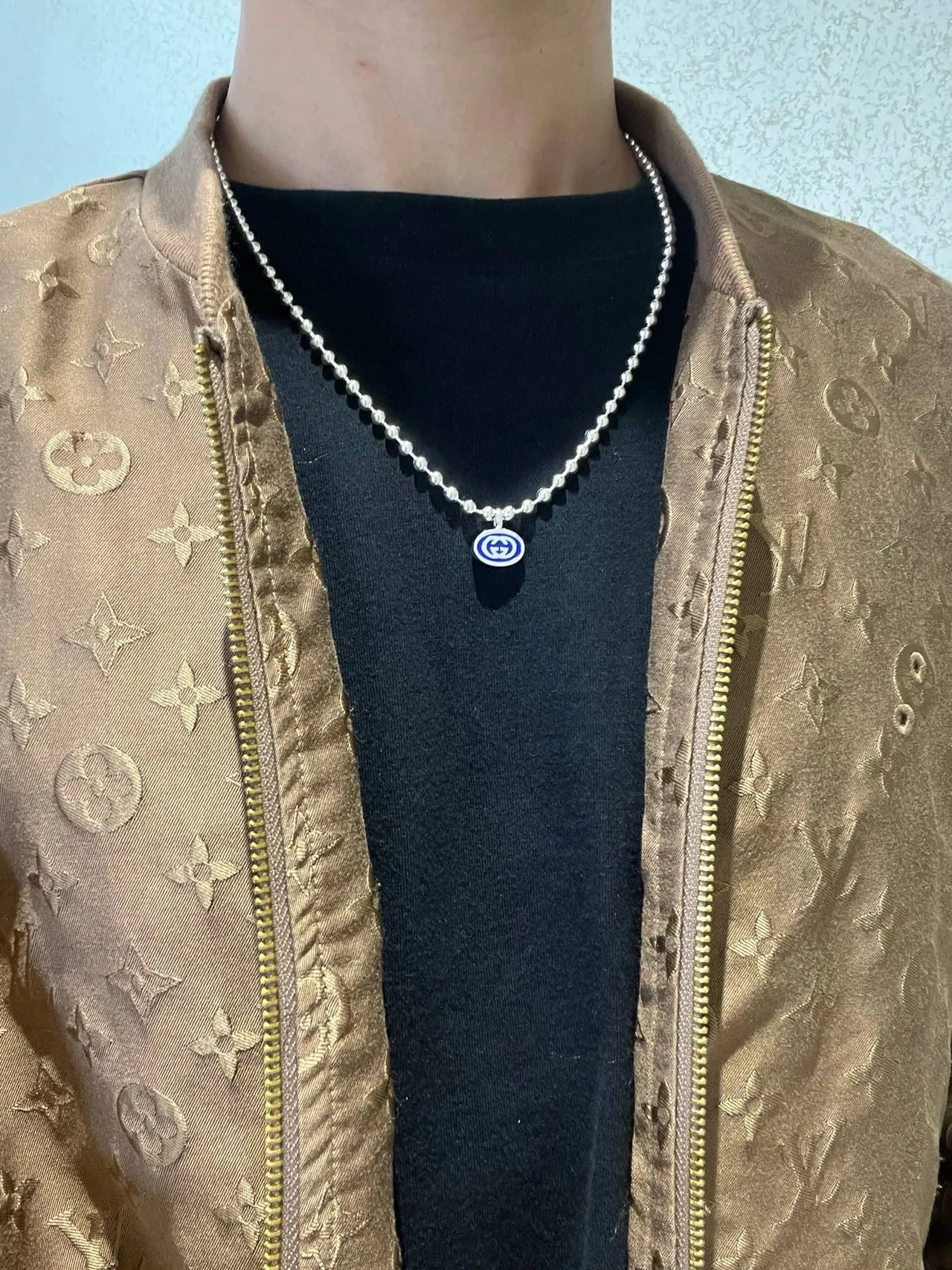 Gucci Silver Blue Ball-Bead Chain Dual Pendant Design Necklace 8