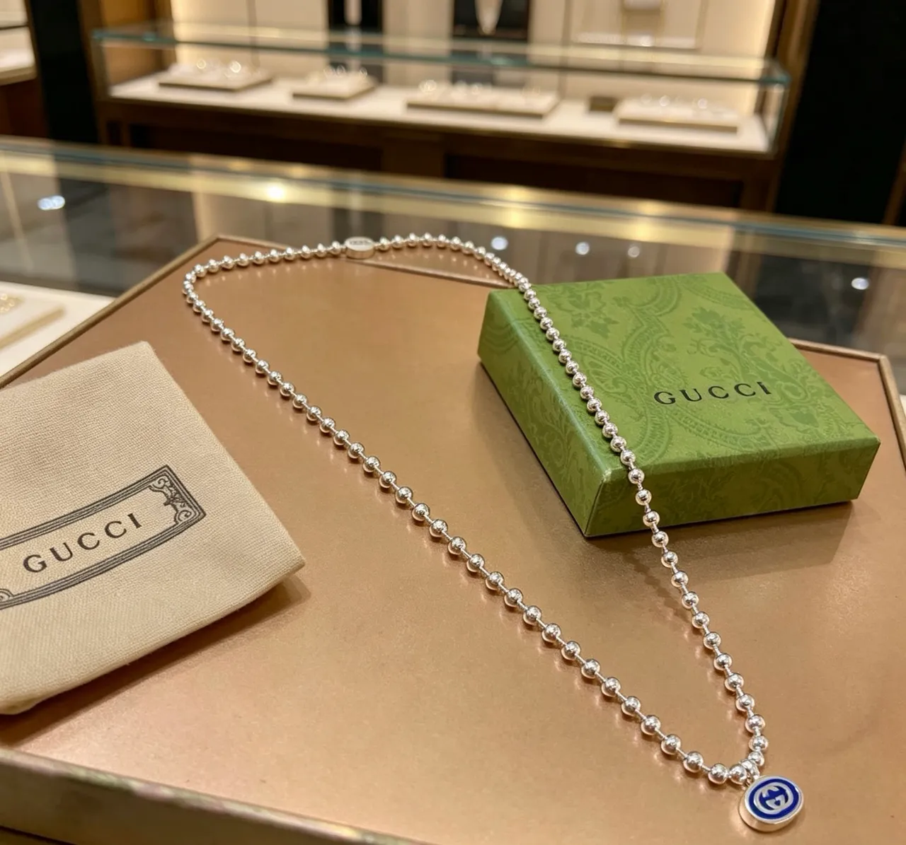Gucci Silver Blue Ball-Bead Chain Dual Pendant Design Necklace 9