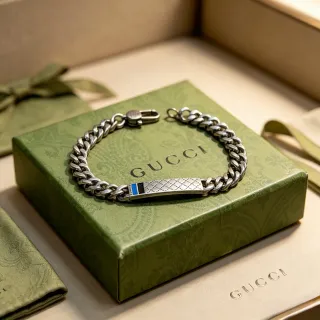 Gucci سلسلة كيرب لينك فضية زرقاء مقصوص لوحة سوار