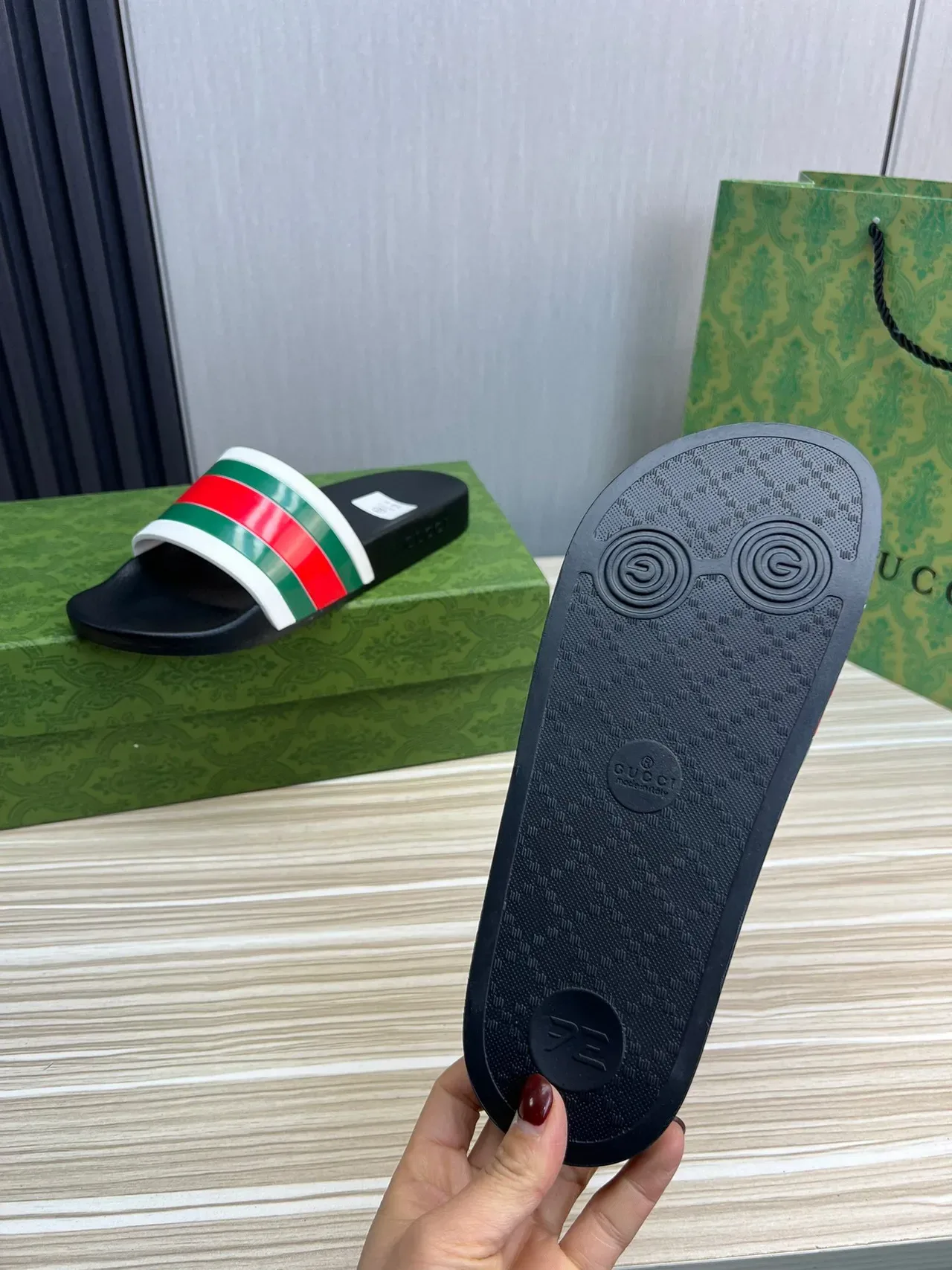 Gucci Slide Black Multicolor Leather Sole Web Stripe Strap Slippers 2