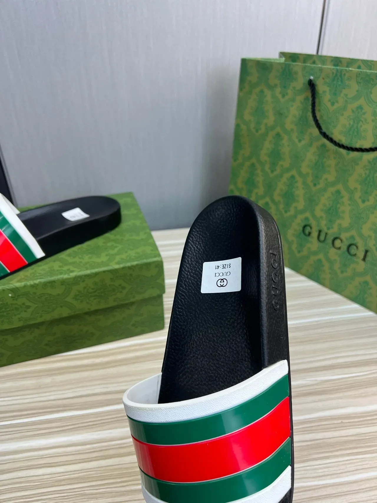 Gucci Slide Black Multicolor Leather Sole Web Stripe Strap Slippers 3