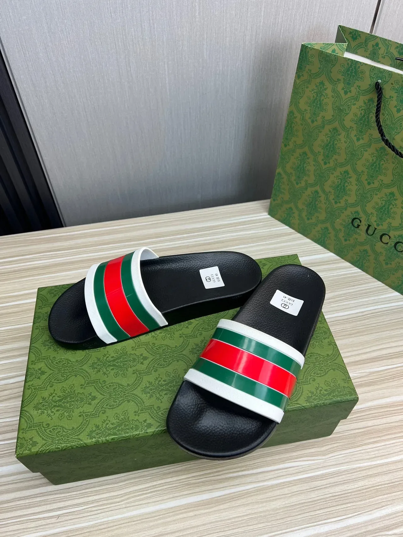 Gucci Slide Black Multicolor Leather Sole Web Stripe Strap Slippers 8
