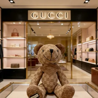 Gucci Teddy Bear Beige Brown GG Monogram Canvas Plush Silhouette Handbag