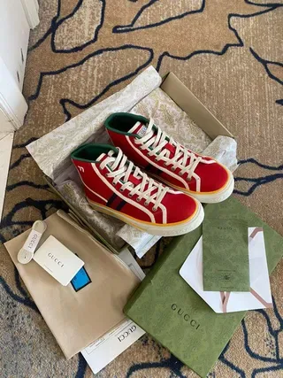 Gucci Tennis 1977 Red Green Web حذاء أسلوب الحياة عالي القدم 2