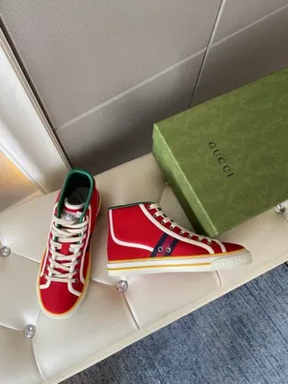 Gucci Tennis 1977 Red Green Web حذاء أسلوب الحياة عالي القدم 7