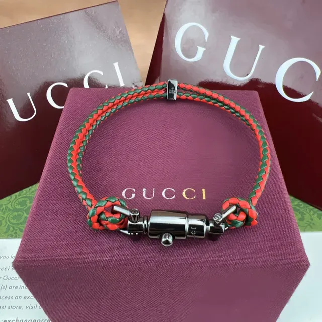 Gucci Web Bracelet Rouge et Vert en Cuir Tressé 3