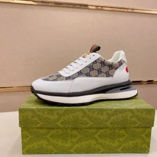 Gucci 白色米色 GG Monogram 帆布皮革叠加生活方式运动鞋