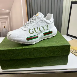 Gucci Blanco Verde grabado GG cuero letra negrita estilo de vida zapatillas