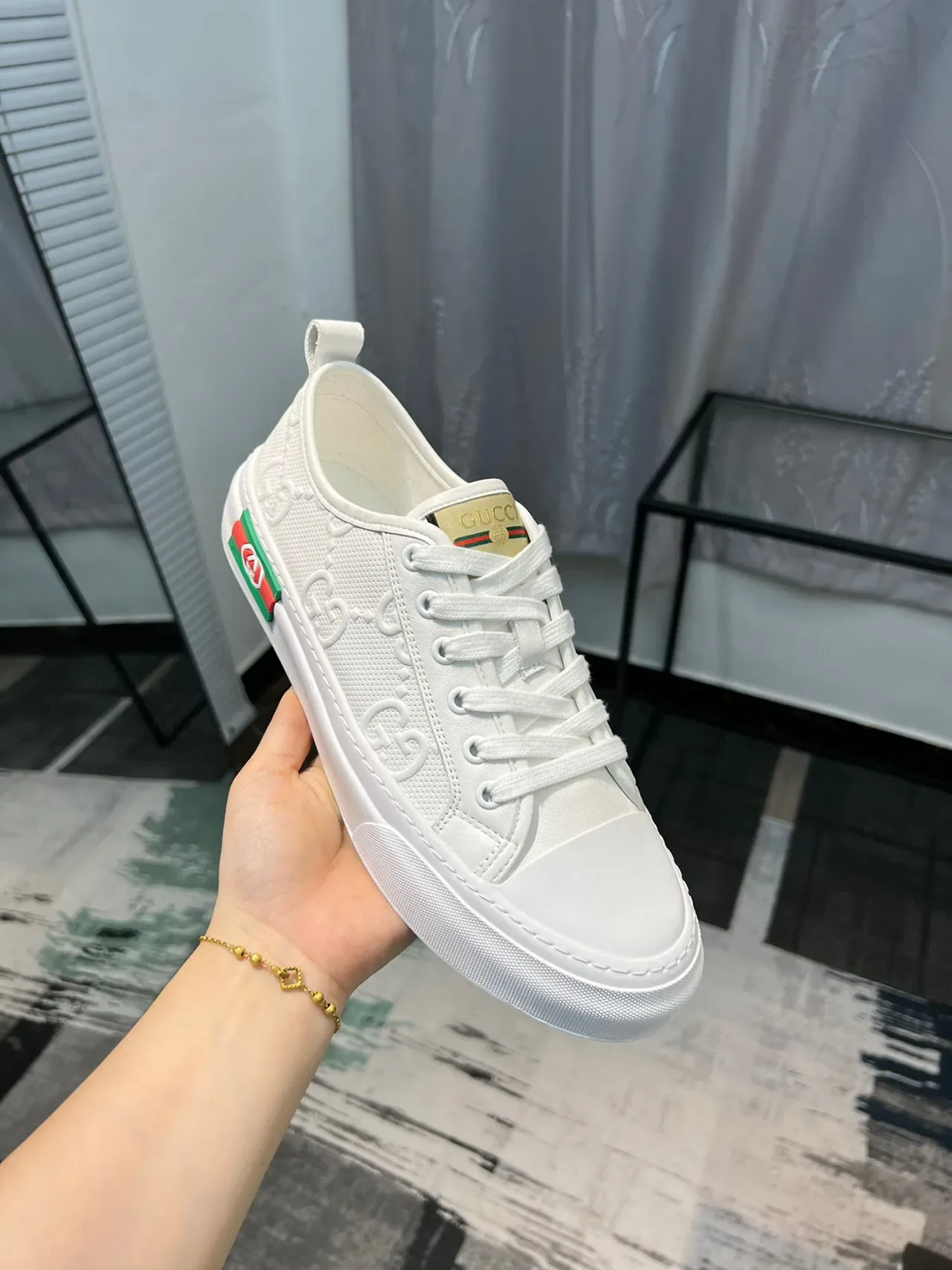 Gucci White Green Embossed GG Monogram Web Stripe Lifestyle Sneakers 6